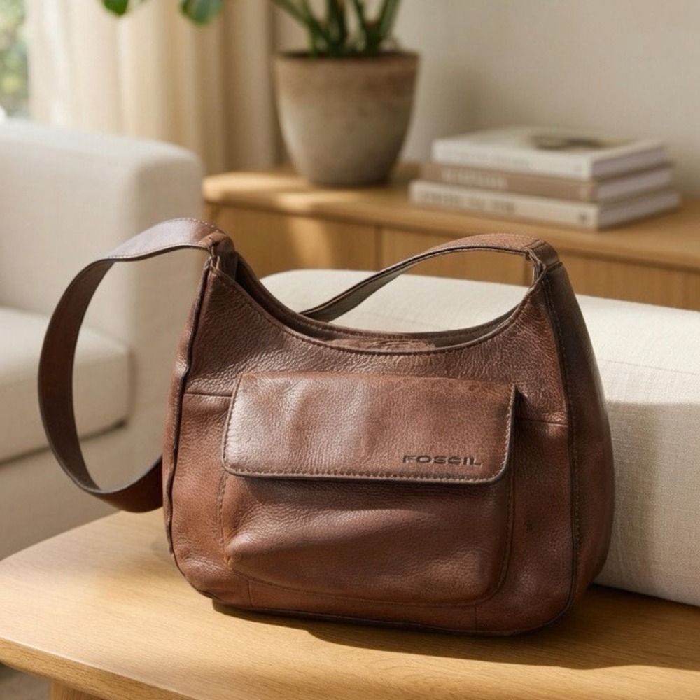 Fossil Brown Pebbled Leather Crossbody Bag Flap Pocket‎ Messenger Purse